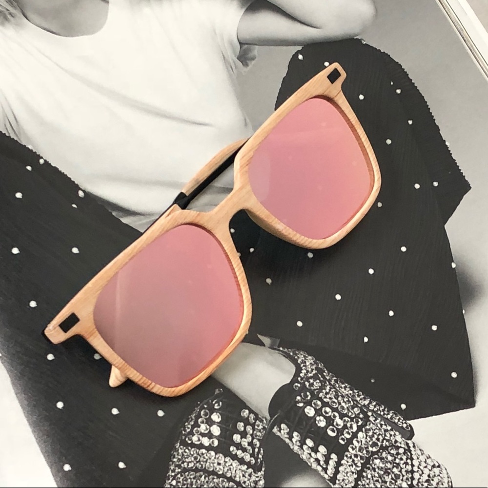DOWNTOWN- Pink Wood Squared Mirrored Sunglasses